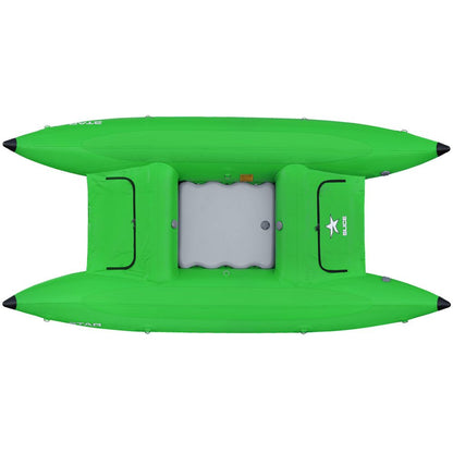 The STAR Slice & Slice XL Paddle Cats by NRS are bright green inflatable pontoon boats, designed for exceptional whitewater performance, featuring two pontoons and a central seating area with a self-bailing floor.