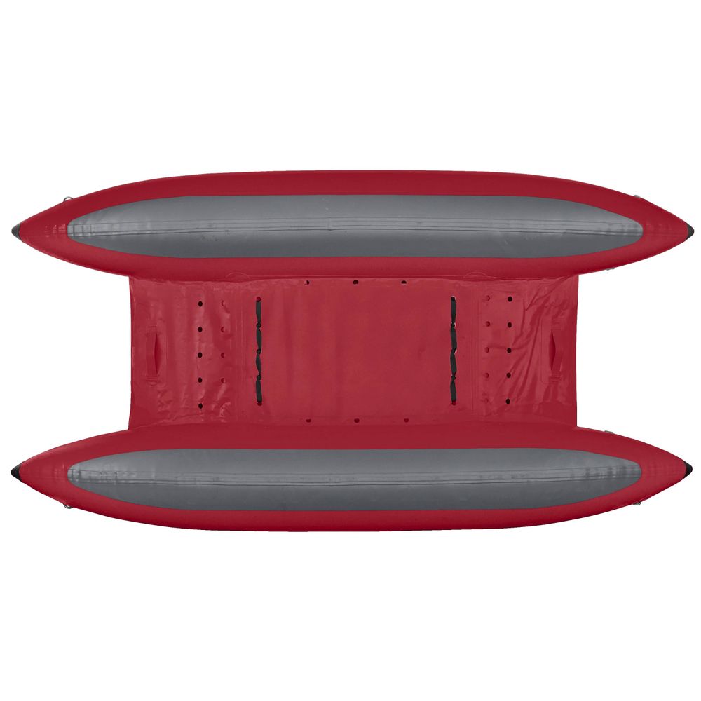 The NRS STAR Slice & Slice XL Paddle Cats, shown in red and gray from above, feature two pontoons and a flat center section with a self-bailing floor for optimal whitewater performance.