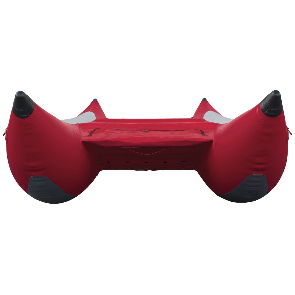 The STAR Slice & Slice XL Paddle Cats by NRS is a red inflatable cataraft with a self-bailing floor, two pointed ends with black tips, and a central seating platform for optimal whitewater performance.