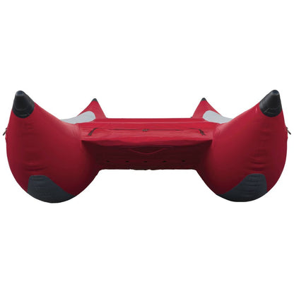The STAR Slice & Slice XL Paddle Cats by NRS is a red inflatable cataraft with a self-bailing floor, two pointed ends with black tips, and a central seating platform for optimal whitewater performance.