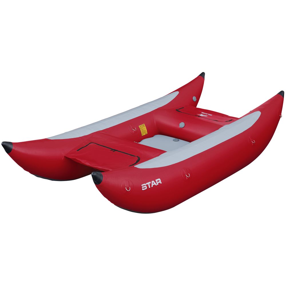 The STAR Slice & Slice XL Paddle Cats by NRS are red and gray inflatable catarafts featuring pontoons, reinforced material, and a self-bailing floor for whitewater adventures.