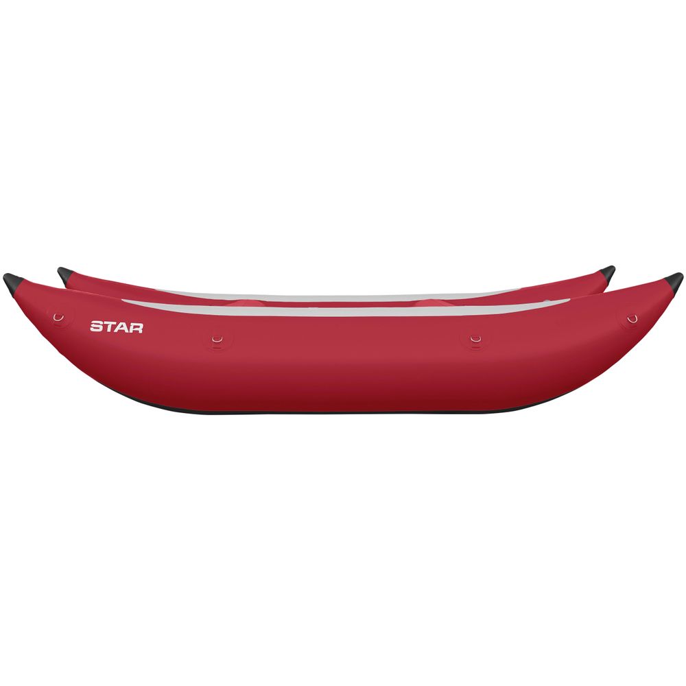 The NRS STAR Slice Paddle Cat, with a side view on a white background, features a sleek red design and self-bailing floor ideal for adventurous paddlers seeking exceptional whitewater performance.