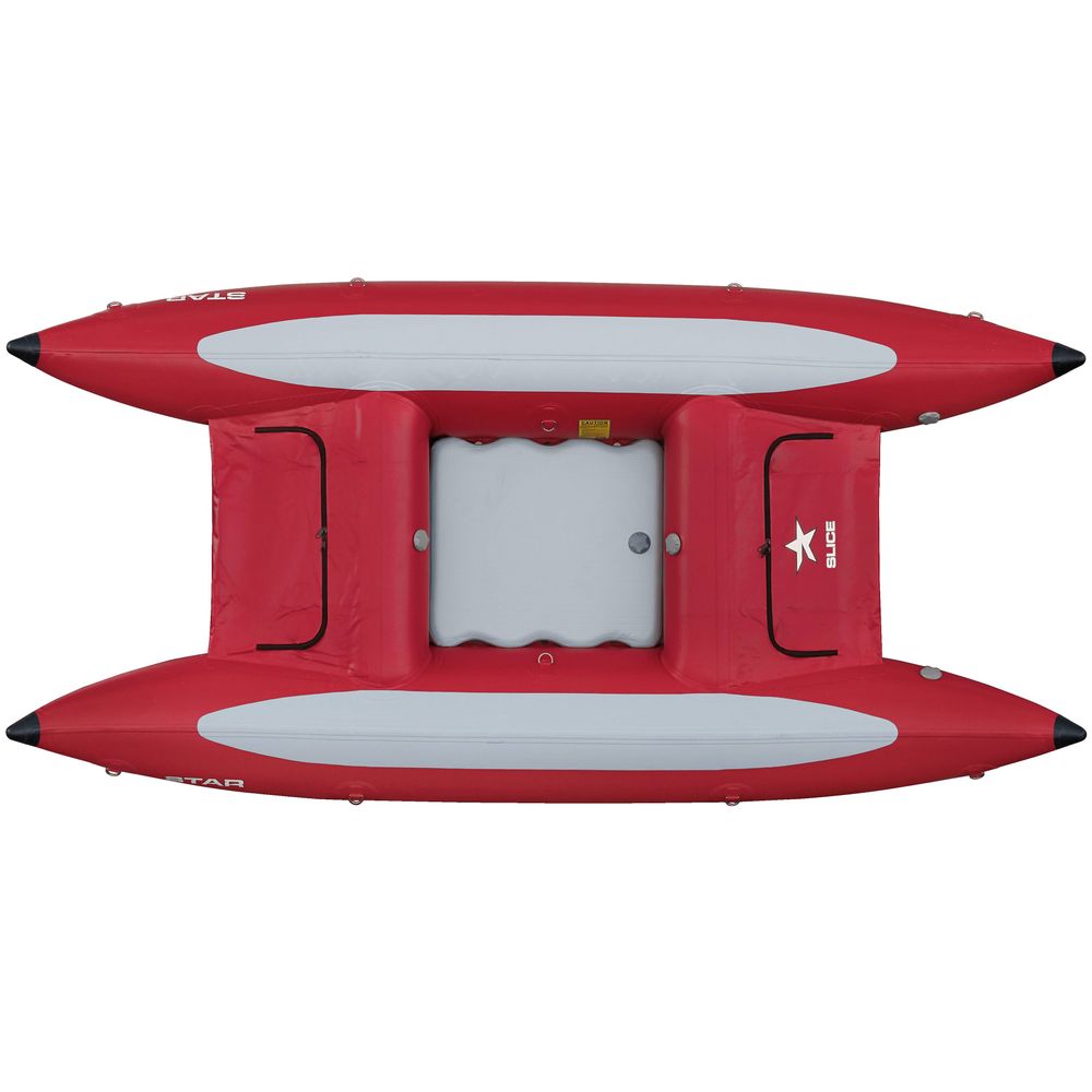 The NRS STAR Slice & Slice XL Paddle Cataraft features a top view of a red inflatable design with gray seating and pontoons, and a star logo. It has enhanced whitewater performance with a self-bailing floor.