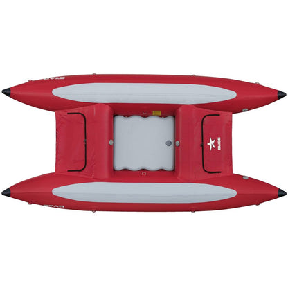 The NRS STAR Slice & Slice XL Paddle Cataraft features a top view of a red inflatable design with gray seating and pontoons, and a star logo. It has enhanced whitewater performance with a self-bailing floor.