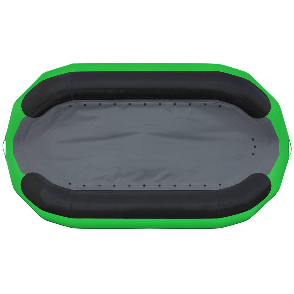 Aerial view of the NRS STAR High Five Raft reveals its green and gray color scheme, along with a self-bailing design and advanced drop-stitch floor for better stability.