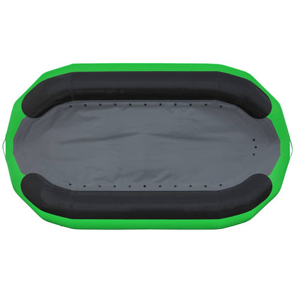 Aerial view of the NRS STAR High Five Raft reveals its green and gray color scheme, along with a self-bailing design and advanced drop-stitch floor for better stability.