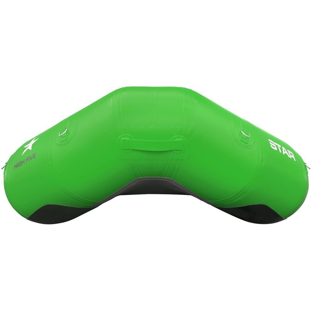 The NRS STAR High Five Raft is a green inflatable kayak with a drop-stitch floor for stability, featuring handles and the name "NRS STAR High Five Raft" on the sides.