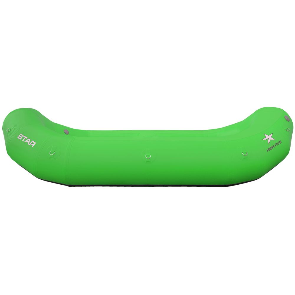 The NRS STAR High Five Raft, bright green with raised ends and a star logo plus "STAR HOT TAMALE" text, features a drop-stitch floor and self-bailing design for top performance on every adventure.