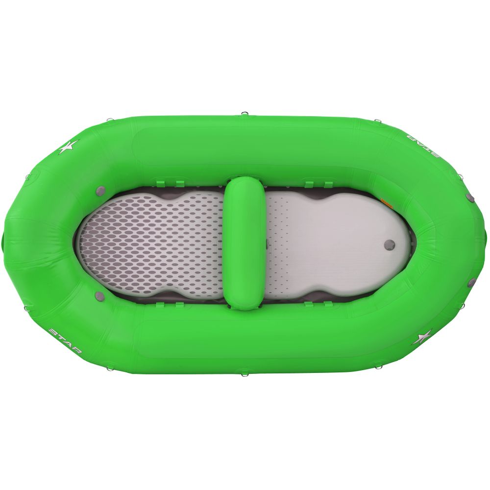 Aerial view of the NRS STAR High Five Raft, featuring a bright green inflatable body with a gray seating area and drop-stitch floor, expertly crafted for water activities as a self-bailing raft.