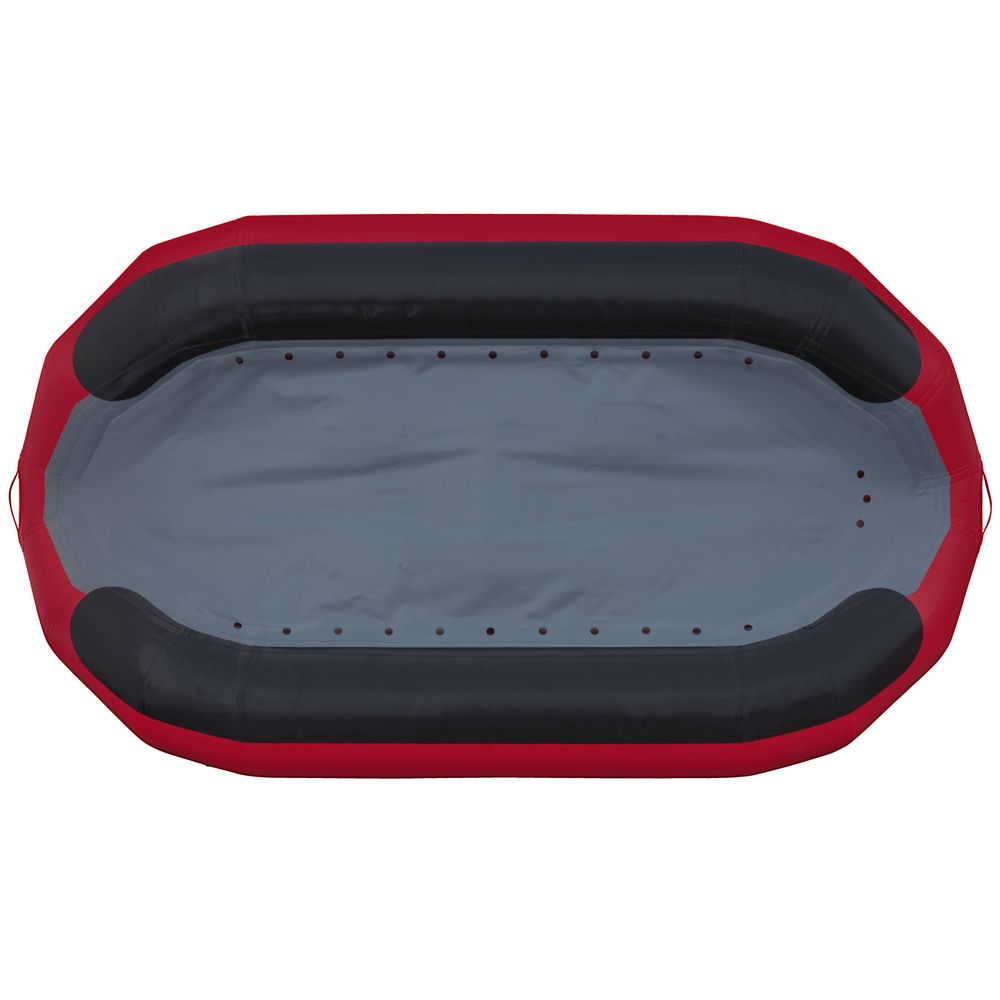 The NRS STAR High Five Raft, with a red and black design, boasts an oval shape and a durable drop-stitch floor. This self-bailing raft promises a smooth water adventure.