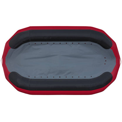 The NRS STAR High Five Raft, with a red and black design, boasts an oval shape and a durable drop-stitch floor. This self-bailing raft promises a smooth water adventure.