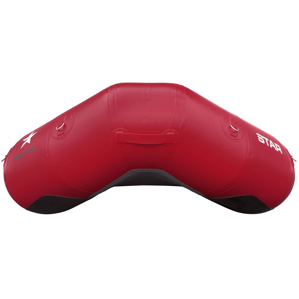 The NRS STAR High Five Raft is a red self-bailing inflatable kayak with black bottom accents and a sleek V-shape. It includes side handles and a drop-stitch floor for enhanced durability and stability on every adventure.