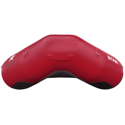 The NRS STAR High Five Raft is a red self-bailing inflatable kayak with black bottom accents and a sleek V-shape. It includes side handles and a drop-stitch floor for enhanced durability and stability on every adventure.