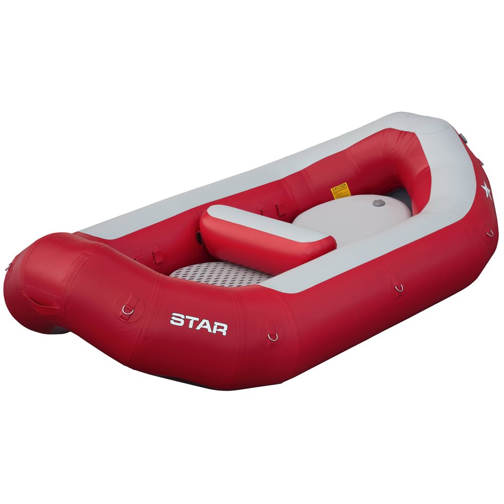 The NRS STAR High Five Raft, an inflatable boat in red and gray with a sturdy drop-stitch floor and the "STAR" logo on the side, is perfect for adventurous outings.