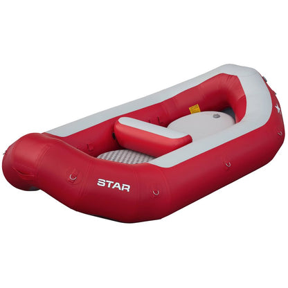 The NRS STAR High Five Raft, an inflatable boat in red and gray with a sturdy drop-stitch floor and the "STAR" logo on the side, is perfect for adventurous outings.