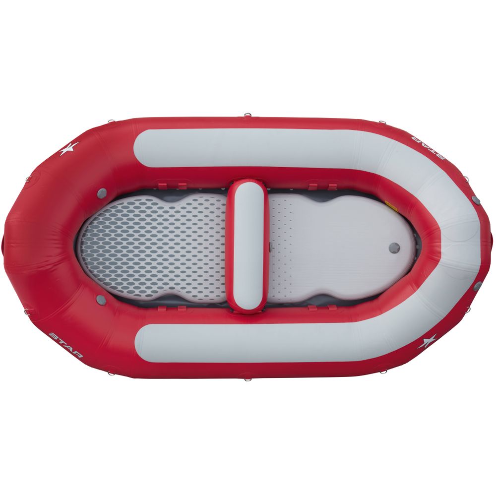 The NRS STAR High Five Raft boasts a red and gray inflatable design with a central seat, mesh interior, drop-stitch floor for durability, and excellent self-bailing capabilities as seen from above.