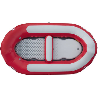 The NRS STAR High Five Raft boasts a red and gray inflatable design with a central seat, mesh interior, drop-stitch floor for durability, and excellent self-bailing capabilities as seen from above.