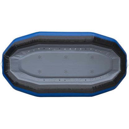 An overhead view of an unused, oval-shaped inflatable pool crafted from durable PVC, featuring a blue rim with sleek black and gray by NRS in the STAR Outlaw Rafts line.