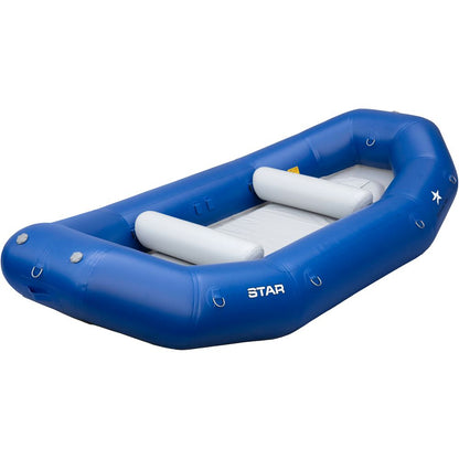 The blue inflatable STAR Outlaw raft from NRS features reinforced sides, interior seats, and the brand name "NRS" on one side. It's an affordable option with a self-bailing design, perfect for your next water adventure.