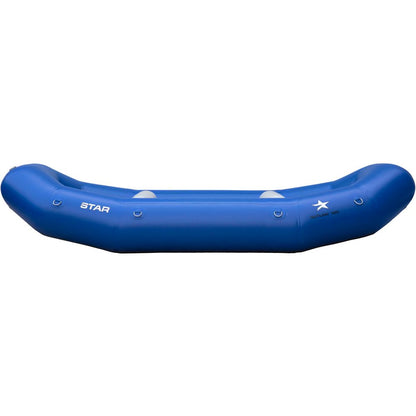 The blue inflatable STAR Outlaw Rafts by NRS feature elevated ends and a star logo. Crafted with durable PVC, they offer exceptional stability due to their drop-stitch floor, ensuring quality and reliability for all your water adventures.