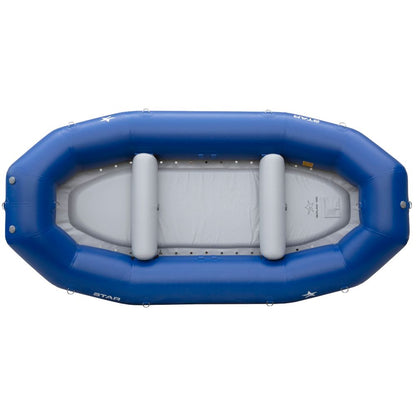 Top view of the budget-friendly NRS STAR Outlaw Rafts featuring durable PVC, two grey seats, and drop-stitch flooring, designed for water activities.