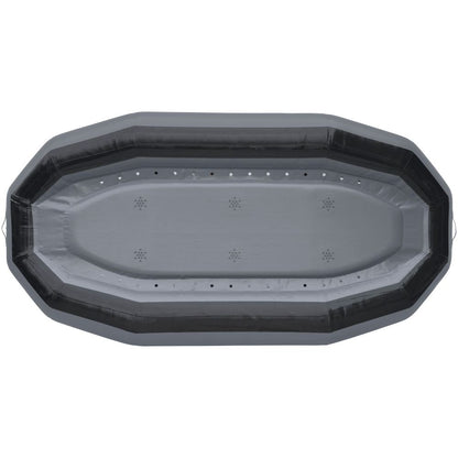 Overhead view of a gray oval serving platter with a black rim and center perforations, made from the durable PVC used in NRS's STAR Outlaw Rafts, ensuring longevity and resilience.