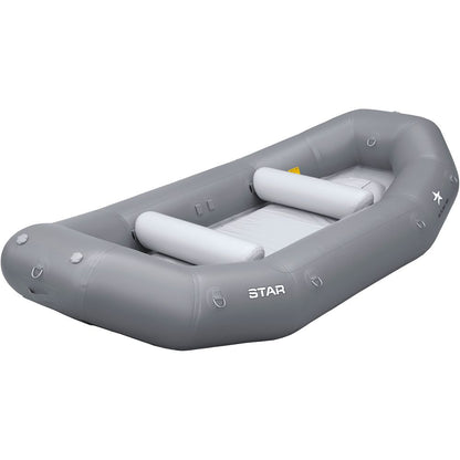 The NRS STAR Outlaw Rafts are gray inflatables featuring two white bench seats and the word "STAR" on the side. Designed for adventure seekers, they have a durable PVC construction, robust drop-stitch floor, and offer affordable quality without compromise.