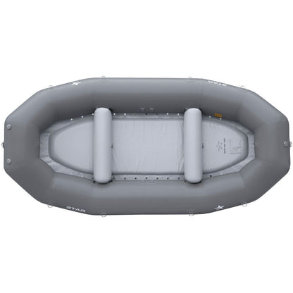 Top view of the NRS STAR Outlaw Rafts in gray, made from durable PVC, featuring two seats and multiple side handles.