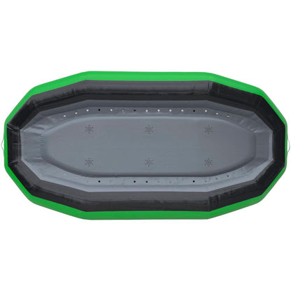 Top view of a NRS STAR Outlaw Raft, featuring multiple air chambers and a flat base, crafted from durable green and gray PVC.