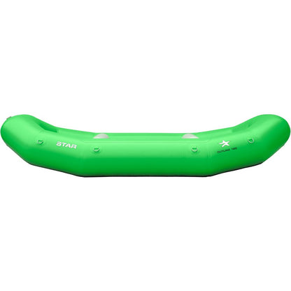 The NRS STAR Outlaw Rafts, bright green with raised ends and side view, are crafted from durable PVC. Featuring a white logo and small star emblem, this affordable kayak ensures smooth navigation and confidence on water.