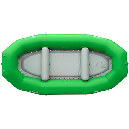 Top view of the STAR Outlaw Rafts by NRS, showcasing a bright green inflatable design made from durable PVC, with two grey seats and various side attachment points.