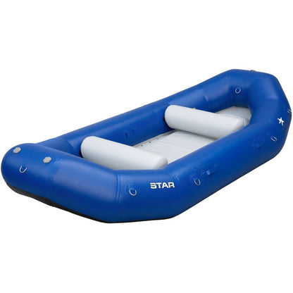 The STAR Outlaw Rafts by NRS are blue with white interior sections, crafted from durable PVC, featuring multiple attachment points and a rounded shape.