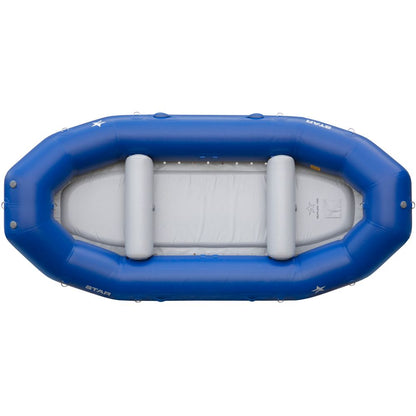 Top view of the affordable NRS STAR Outlaw Raft, an inflatable blue raft with a white interior and two grey cross-beams; ideal for adventurers seeking a reliable self-bailing raft.