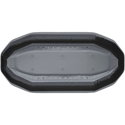 Top view of the STAR Outlaw Rafts by NRS, a large gray and black inflatable raft with a symmetrical elongated octagonal shape, crafted from durable PVC.