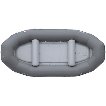 The STAR Outlaw Rafts by NRS feature a top view of a gray inflatable design, crafted from durable PVC with two inflatable seats and multiple D-rings on the sides, ensuring an affordable and comfortable water adventure.