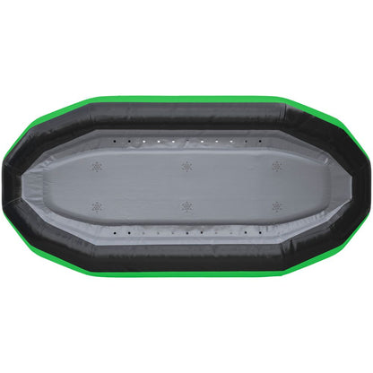 Top view of the affordable NRS STAR Outlaw Rafts, a black and gray inflatable raft with green border, made from durable PVC. It includes a self-bailing design that reveals the interior surface and drain holes for efficient water release.