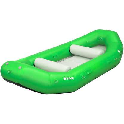 The NRS STAR Outlaw Rafts are green inflatable rafts crafted from durable PVC, featuring two white seats and several attachment points, displayed on a white background.
