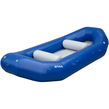 The blue inflatable STAR Outlaw Raft, made of durable PVC, includes two grey seats and multiple attachment loops. The NRS brand name reflects a commitment to quality among affordable rafts.