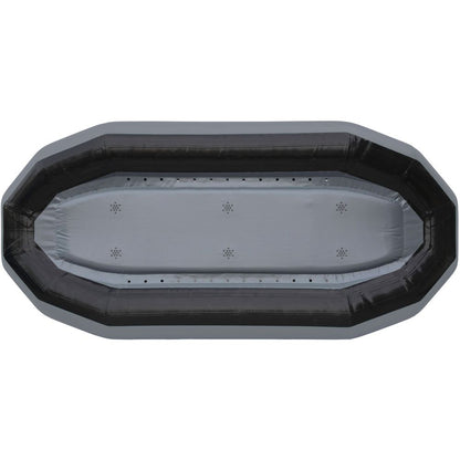 Top view of a rectangular, empty STAR Outlaw Rafts by NRS in black and gray, crafted from durable PVC with slightly pointed ends.