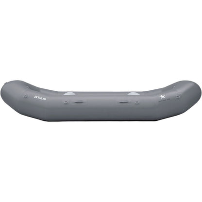 The STAR Outlaw Raft by NRS is a gray inflatable raft with durable PVC construction, streamlined design, multiple tie-down points, and a drop-stitch floor for enhanced rigidity. It is one of the most affordable options in its class.