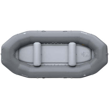 The NRS STAR Outlaw Rafts feature a top view of a gray inflatable raft made from durable PVC with two side tubes, a drop-stitch floor, and two internal benches, perfect for water activities.
