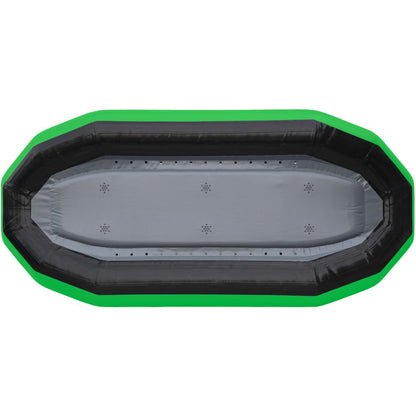 An overhead view highlights the durable PVC construction of the STAR Outlaw Rafts by NRS, an inflatable rectangular gray raft with green and black edges.