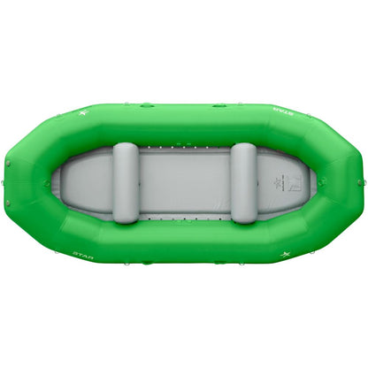 The NRS STAR Outlaw Rafts offer a top view of a bright green inflatable raft with durable PVC, grey interior, and two seats, perfect for water activities.