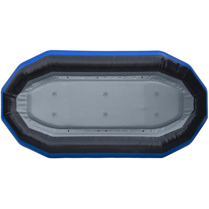 Top view of an empty STAR Outlaw Raft by NRS, featuring a gray and blue design with multiple air compartments made from durable PVC for long-lasting use.
