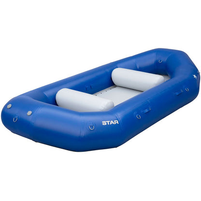 Introducing the STAR Outlaw Rafts by NRS, an affordable self-bailing raft with a blue inflatable exterior, white interior, and multiple handles. Ideal for adventurers seeking safety and ease on every water journey.