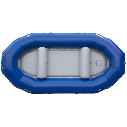 The NRS STAR Outlaw Rafts feature a blue inflatable design with two grey seats, viewed from above on a white background, crafted with durable PVC for longevity.