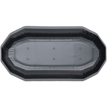 The STAR Outlaw Rafts by NRS feature a top view of a durable PVC, large oval inflatable raft with black sides and a gray drop-stitch floor. It includes multiple drainage holes and offers lasting quality for affordable water adventures.