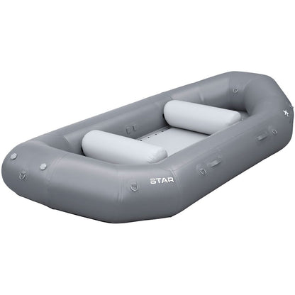 The NRS STAR Outlaw Rafts, crafted from durable PVC, feature a gray design with the "Star" logo, multiple attachment points, and two inflatable seats. They're perfect for water activities for those seeking affordable yet quality rafts.