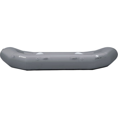 The gray STAR Outlaw 140 raft by NRS features raised ends, side handles, durable PVC construction, and a drop-stitch floor for improved stability, offering an affordable and reliable option.