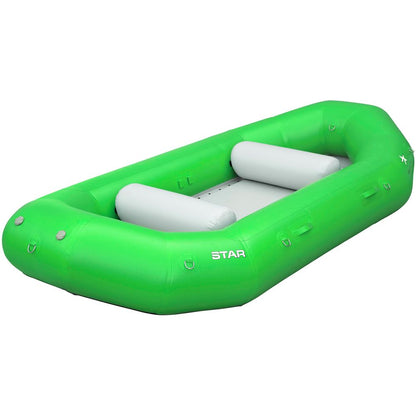 Introducing the STAR Outlaw Raft by NRS, a green inflatable crafted with durable PVC for lasting adventures. It features a gray interior and multiple side handles.